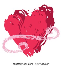 Brush stroke red vector 2 love hearts entwined flourish texture. Hand drawn illustration motif for passion sticker, I love you valentines day card, romantic wedding heart or proposal clipart.