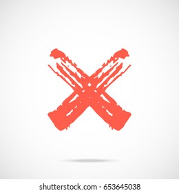 Brush stroke red x mark icon. Painted red cross symbol. Vector icon isolated on gradient background