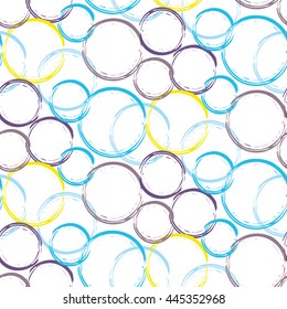 Brush stroke seamless blue and violet circles vector seamless pattern. Rough white background with round spots.