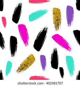 Brush stroke seamless pattern in black and gold glitter, pink, blue colors. Vector texture. Stylized animal background. 