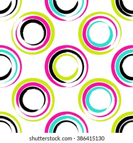 Brush stroke seamless pattern with circles. Bright neon colors. Geometric composition