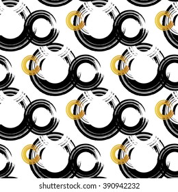 Brush stroke seamless pattern with circles. Black and gold colors. Geometric composition