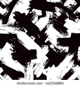 Brush stroke seamless pattern. Hand drawn black ink, paint smears surface print. Freehand artistic texture background. Grunge concept design wallpaper. Vector abstract graphic art decoration