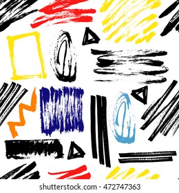 Brush stroke Seamless pattern with marker texture and geometric elements. Colorful modern vector background for greeting cards, fabric, paper, blog. Kids drawing