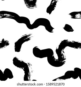 Brush stroke seamless pattern in memphis style. Black paint wavy smears and curly brush strokes, dry blots, dot. Hand drawn ink wave seamless geometric vector pattern. Black and white texture.