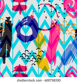 Brush stroke seamless pattern with zigzag. Summer, spring bright texture for fabric, prints, cloth, postcards. Chaotic free hand composition