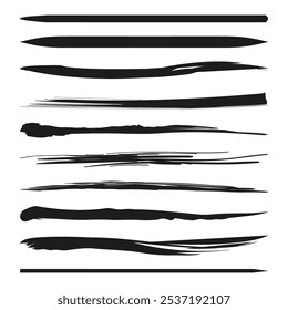 Brush stroke set. Abstract black ink lines. Grunge brush textures. Artistic line collection.