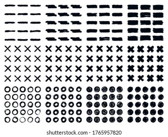 Juego de trazo de pincel. Patrón sin costuras de grunge negro. Pintar pinceles impresiones aisladas sobre fondo blanco. Colección de textura sucia. El elemento gráfico de diseño se guarda como ilustración vectorial