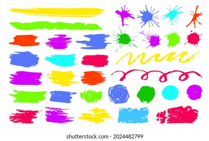 Pinselstriche, Grunge-Flecken, Tropfspritzen, Gürtelschnüre, Streifen, Pinselstriche, Bläser und Abstriche in sanften Pastellfarben. Quadrat, runde, ungleichmäßige abstrakte Formen, Vektorgrafik. Paintpinseldesign-Elemente