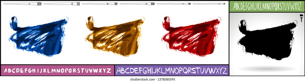 Brush stroke set and handwritten alphabet. Grunge vector abstract hand - painted element. Underline and border design.
