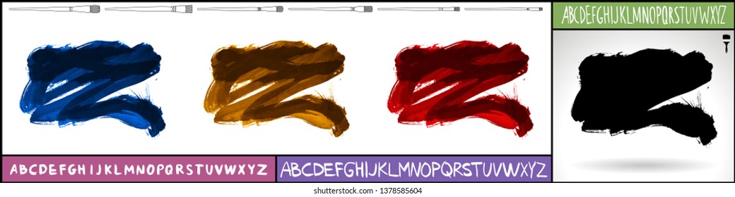 Brush stroke set and handwritten alphabet. Grunge vector abstract hand - painted element. Underline and border design.