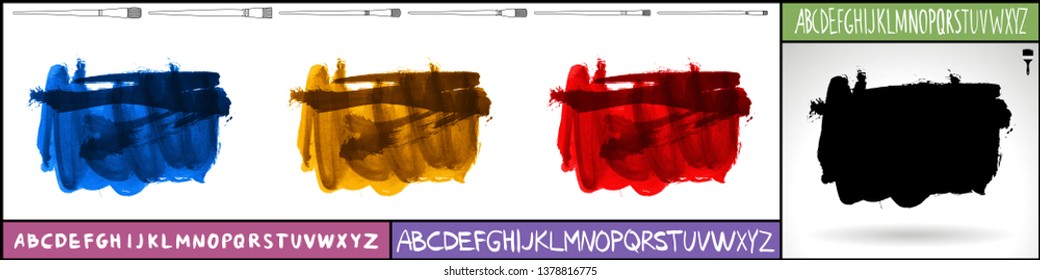 Brush stroke set and handwritten alphabet. Grunge vector abstract hand - painted element. Underline and border design.