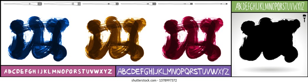 Brush stroke set and handwritten alphabet. Grunge vector abstract hand - painted element. Underline and border design.