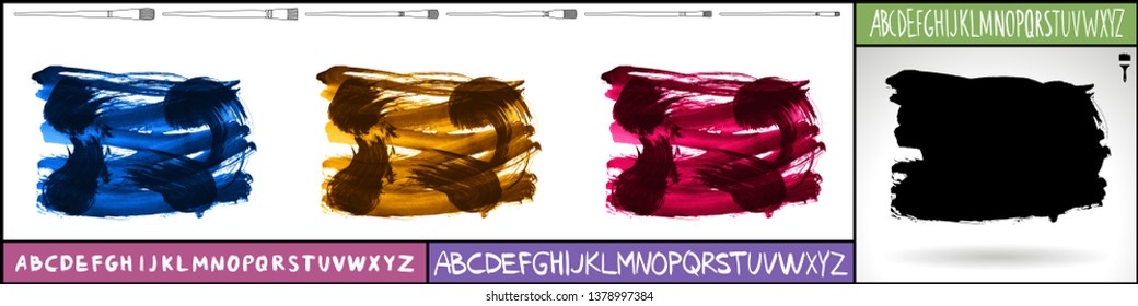 Brush stroke set and handwritten alphabet. Grunge vector abstract hand - painted element. Underline and border design.