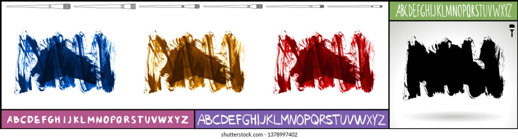 Brush stroke set and handwritten alphabet. Grunge vector abstract hand - painted element. Underline and border design.