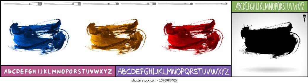 Brush stroke set and handwritten alphabet. Grunge vector abstract hand - painted element. Underline and border design.