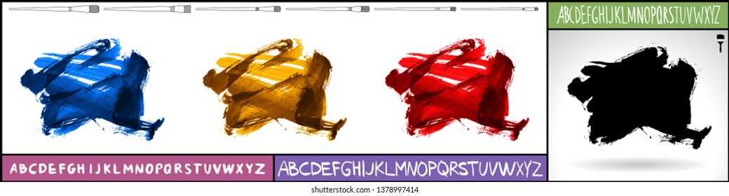 Brush stroke set and handwritten alphabet. Grunge vector abstract hand - painted element. Underline and border design.