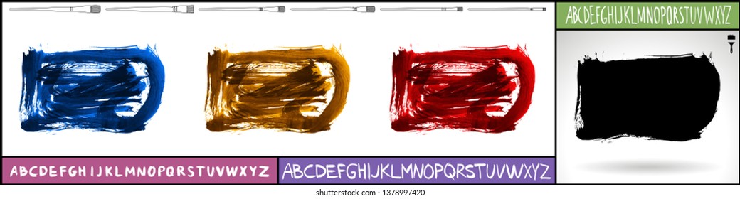 Brush stroke set and handwritten alphabet. Grunge vector abstract hand - painted element. Underline and border design.