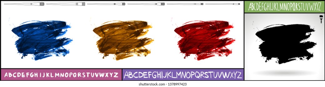 Brush stroke set and handwritten alphabet. Grunge vector abstract hand - painted element. Underline and border design.