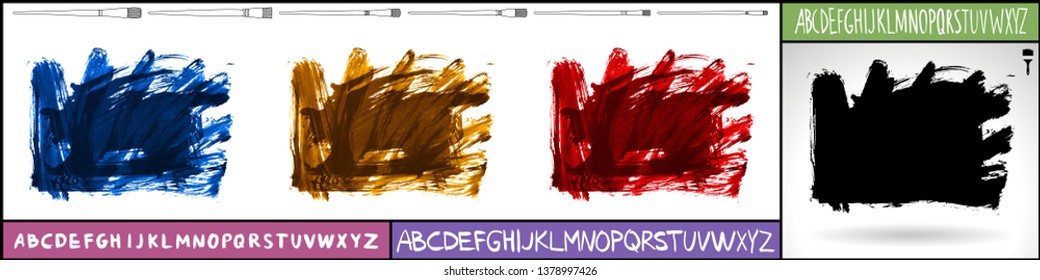 Brush stroke set and handwritten alphabet. Grunge vector abstract hand - painted element. Underline and border design.