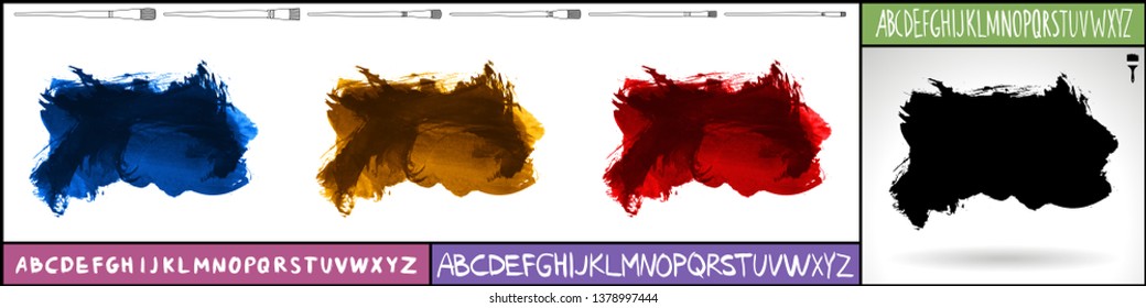 Brush stroke set and handwritten alphabet. Grunge vector abstract hand - painted element. Underline and border design.