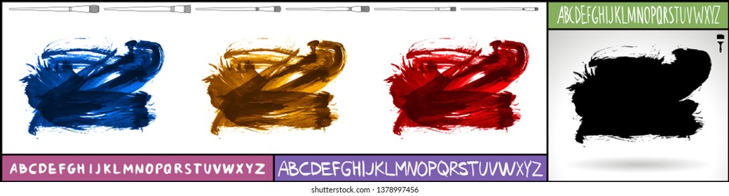 Brush stroke set and handwritten alphabet. Grunge vector abstract hand - painted element. Underline and border design.