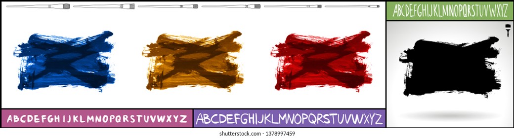 Brush stroke set and handwritten alphabet. Grunge vector abstract hand - painted element. Underline and border design.