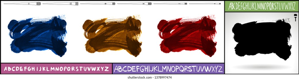 Brush stroke set and handwritten alphabet. Grunge vector abstract hand - painted element. Underline and border design.