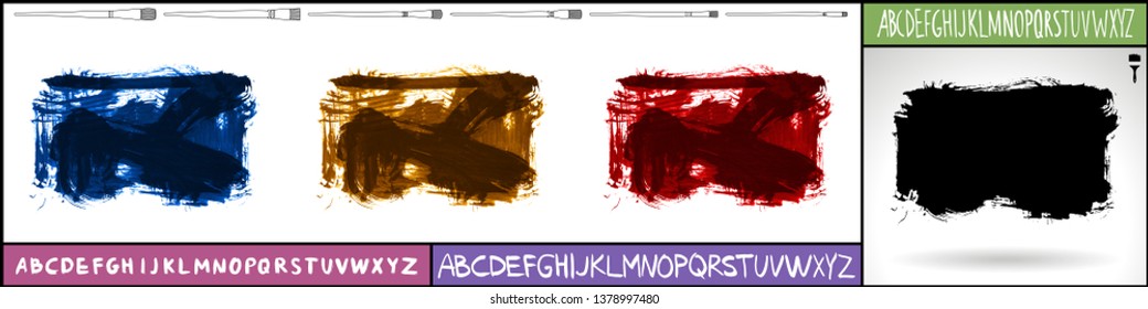 Brush stroke set and handwritten alphabet. Grunge vector abstract hand - painted element. Underline and border design.