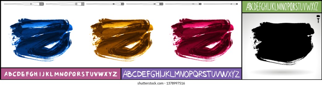 Brush stroke set and handwritten alphabet. Grunge vector abstract hand - painted element. Underline and border design.