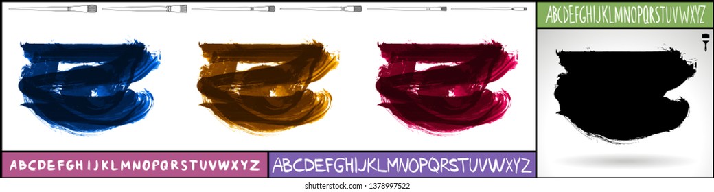 Brush stroke set and handwritten alphabet. Grunge vector abstract hand - painted element. Underline and border design.