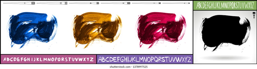 Brush stroke set and handwritten alphabet. Grunge vector abstract hand - painted element. Underline and border design.
