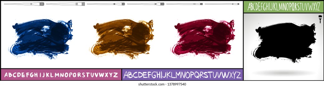 Brush stroke set and handwritten alphabet. Grunge vector abstract hand - painted element. Underline and border design.