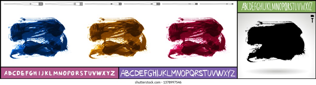 Brush stroke set and handwritten alphabet. Grunge vector abstract hand - painted element. Underline and border design.