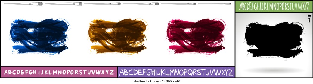 Brush stroke set and handwritten alphabet. Grunge vector abstract hand - painted element. Underline and border design.