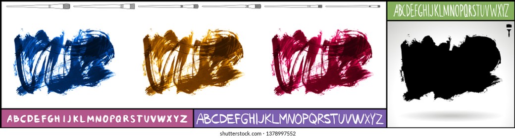 Brush stroke set and handwritten alphabet. Grunge vector abstract hand - painted element. Underline and border design.