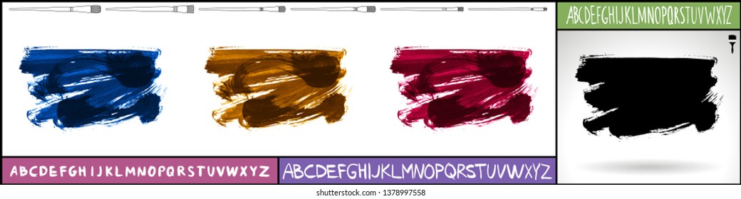 Brush stroke set and handwritten alphabet. Grunge vector abstract hand - painted element. Underline and border design.