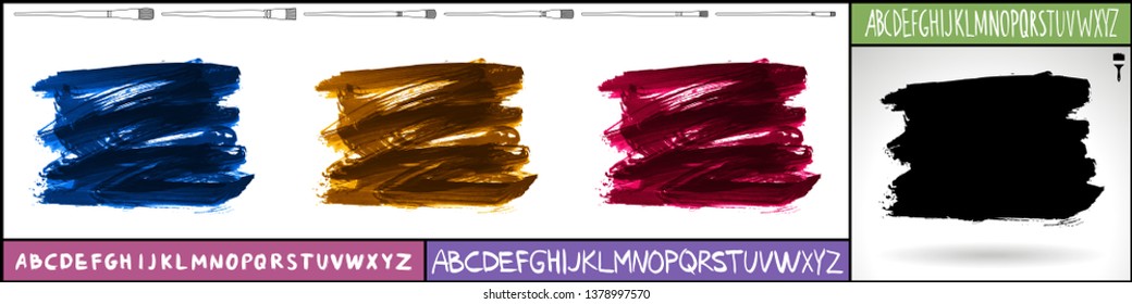 Brush stroke set and handwritten alphabet. Grunge vector abstract hand - painted element. Underline and border design.