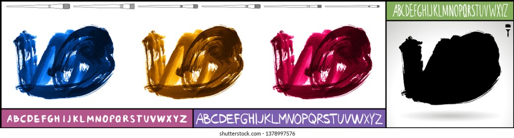 Brush stroke set and handwritten alphabet. Grunge vector abstract hand - painted element. Underline and border design.