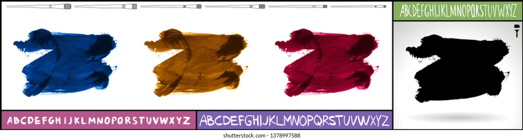 Brush stroke set and handwritten alphabet. Grunge vector abstract hand - painted element. Underline and border design.