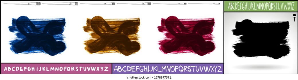 Brush stroke set and handwritten alphabet. Grunge vector abstract hand - painted element. Underline and border design.