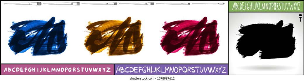 Brush stroke set and handwritten alphabet. Grunge vector abstract hand - painted element. Underline and border design.