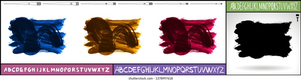 Brush stroke set and handwritten alphabet. Grunge vector abstract hand - painted element. Underline and border design.