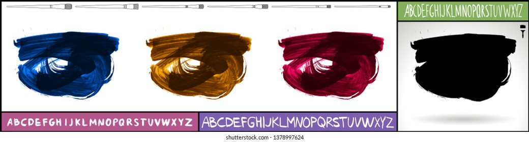Brush stroke set and handwritten alphabet. Grunge vector abstract hand - painted element. Underline and border design.
