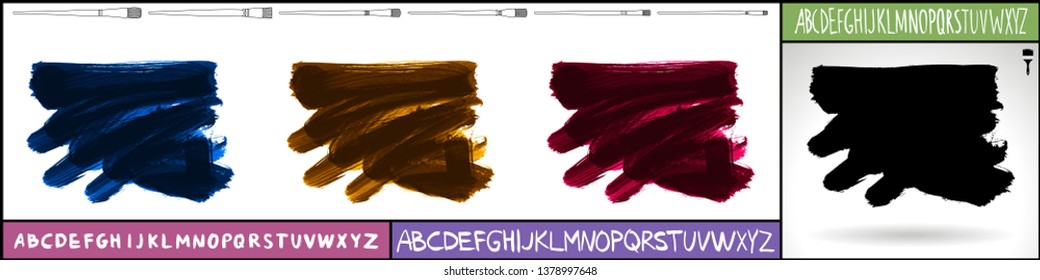 Brush stroke set and handwritten alphabet. Grunge vector abstract hand - painted element. Underline and border design.
