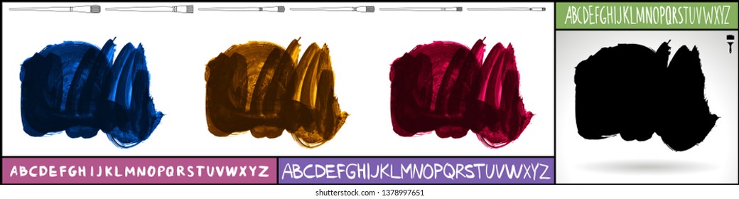 Brush stroke set and handwritten alphabet. Grunge vector abstract hand - painted element. Underline and border design.