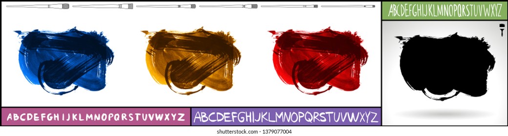 Brush stroke set and handwritten alphabet. Grunge vector abstract hand - painted element. Underline and border design.