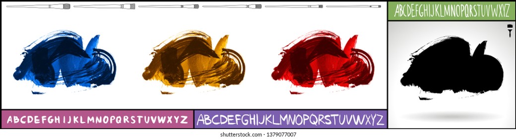 Brush stroke set and handwritten alphabet. Grunge vector abstract hand - painted element. Underline and border design.
