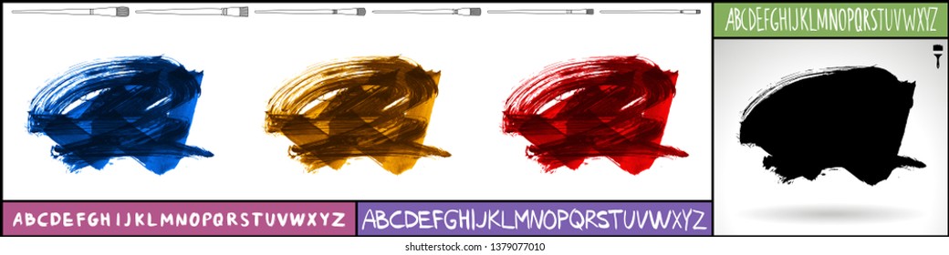 Brush stroke set and handwritten alphabet. Grunge vector abstract hand - painted element. Underline and border design.