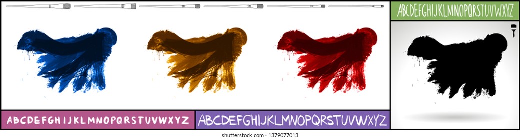 Brush stroke set and handwritten alphabet. Grunge vector abstract hand - painted element. Underline and border design.
